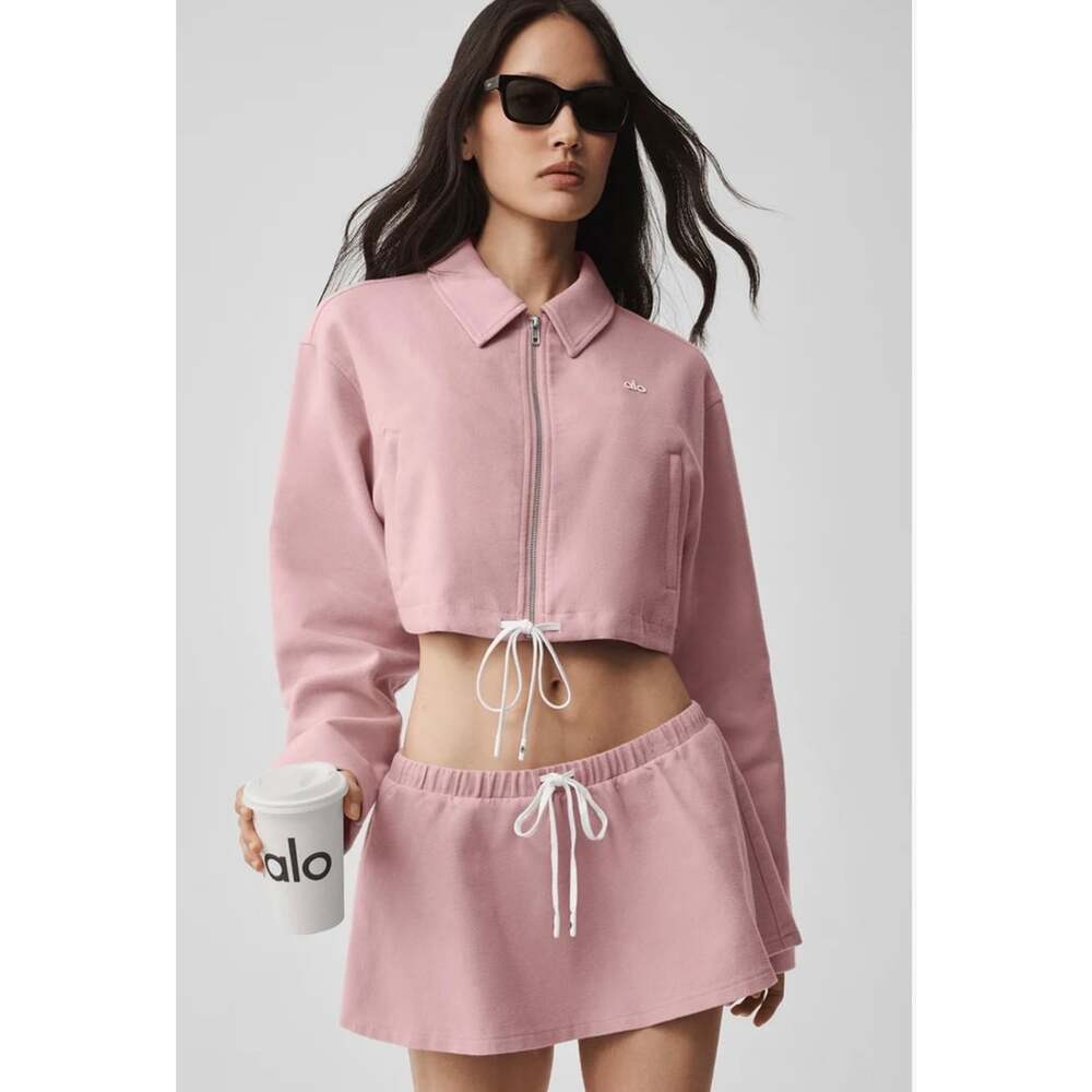 Alo Yoga Fan Favorite Set Medium Vintage Pink Cropped Jacket Micro Skirt EUC